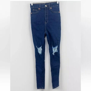 NWT PrettyLittleThing Denim Dark Wash Hi Rise 5 Pocket Skinny Jeans Sz 0 Ripped